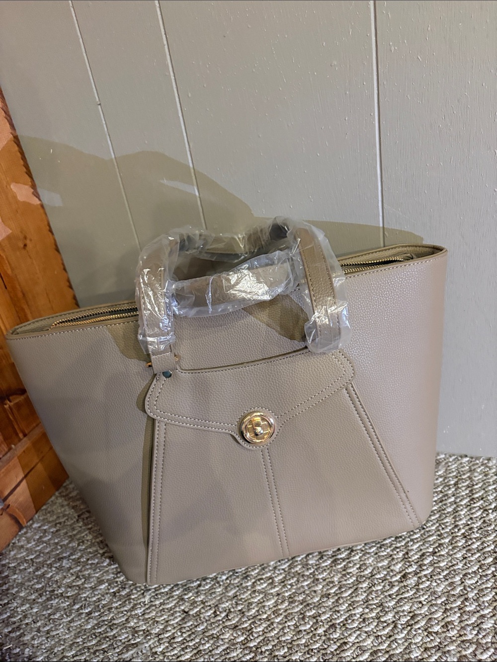 Classic Taupe Tote Handbag with Gold Turn-Lock